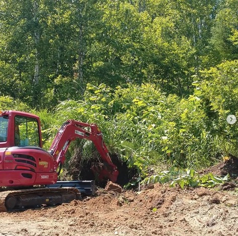 草刈りと並行して、小さな重機で道なき道を切り開きます【自然下・上井達矢さん仁美さん】