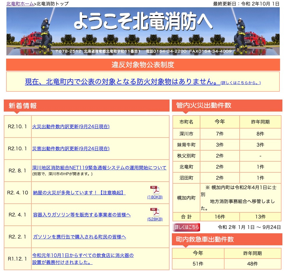 2020年9月分：火災・災害出動件数内訳更新【北竜消防】
