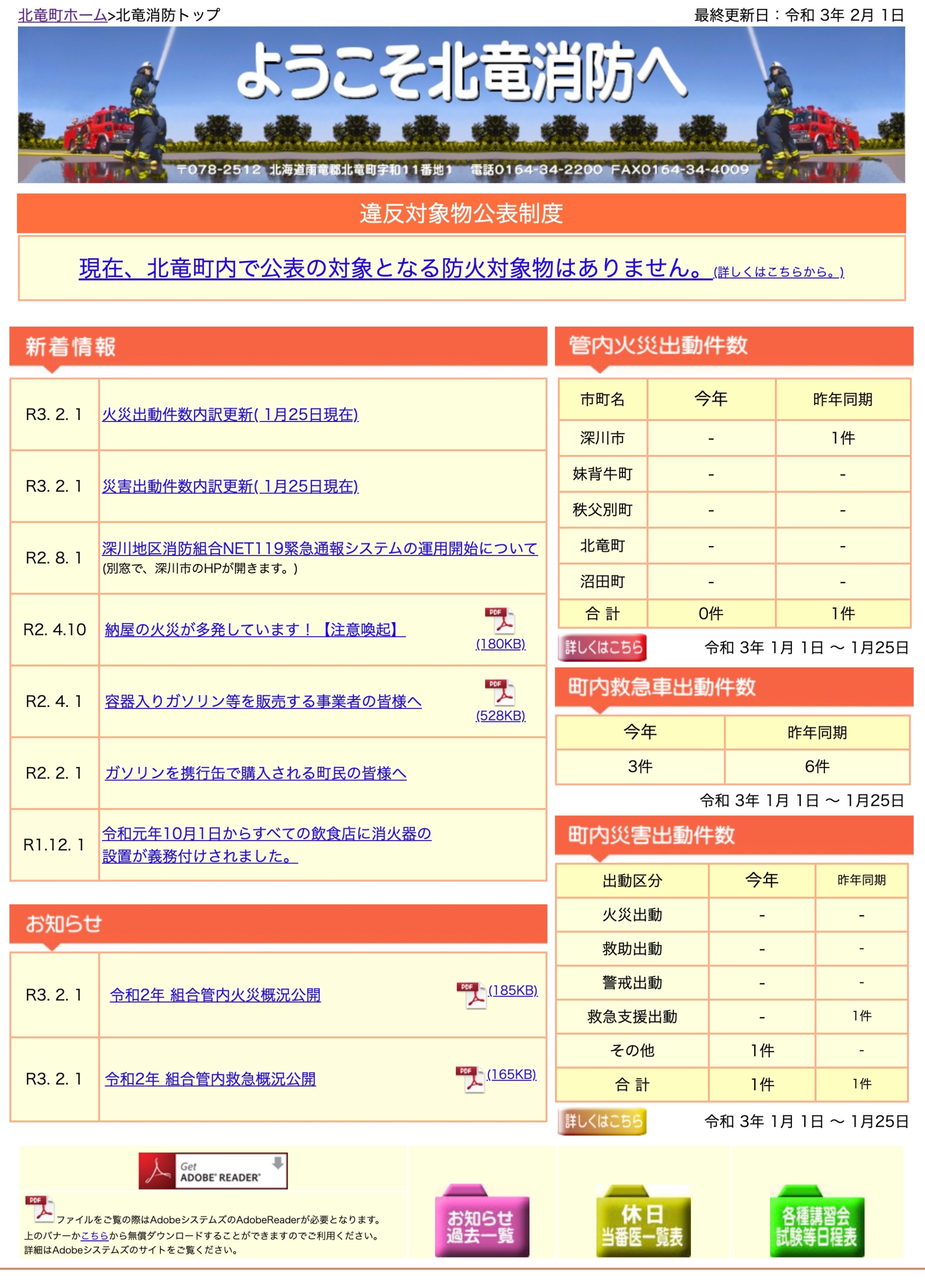 2021年1月分：火災・災害出動件数内訳更新【北竜消防】