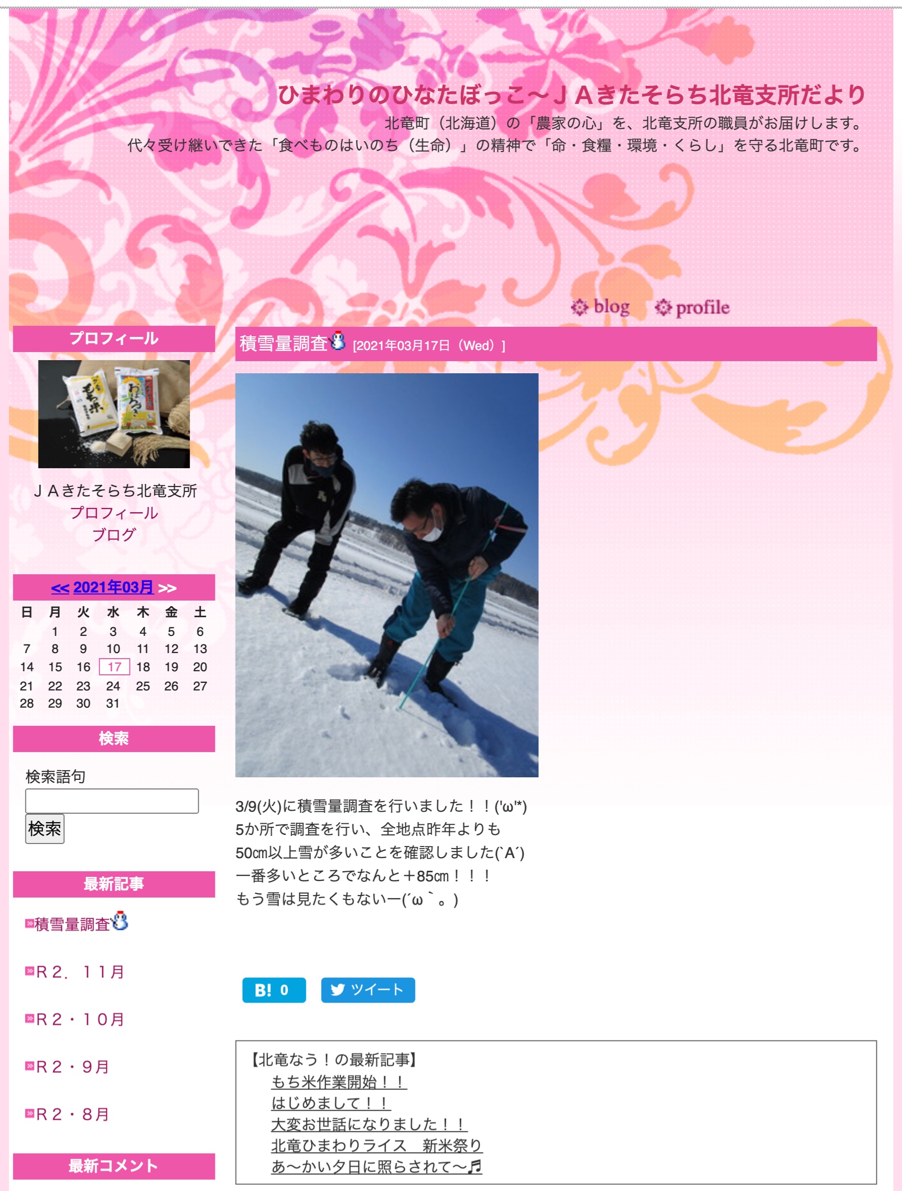 3/9(火)に積雪量調査を行いました！！(‘ω’*)【ＪＡきたそらち北竜支所】