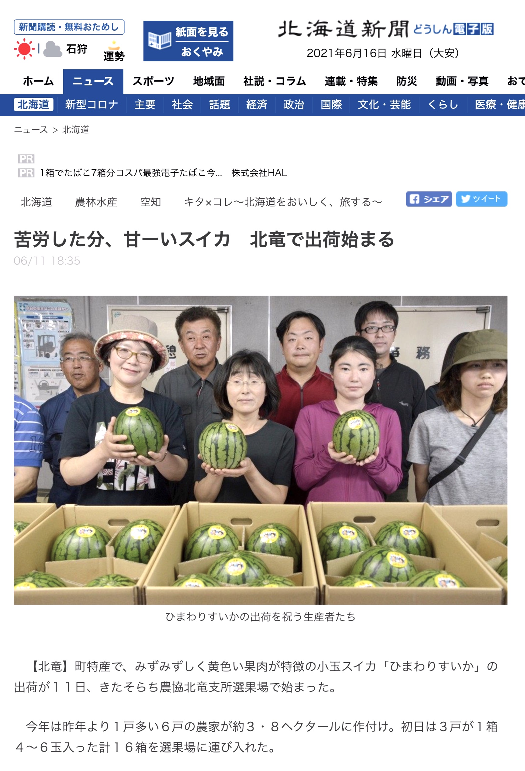 苦労した分、甘ーいスイカ　北竜で出荷始まる【北海道新聞】