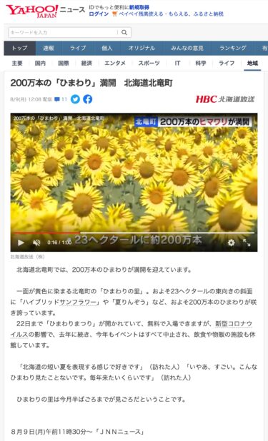 HBCにて8月9日（月）に「200万本の『ひまわり』満開 北海道北竜町」が放送されました【Yahooニュース】