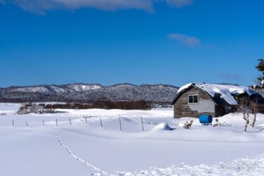 足跡を見張る木造小屋