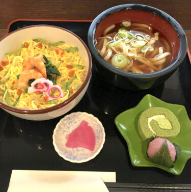Mart ayı isti su və yemək paketi: Gomoku chirashi və mini udon dəsti. Bu desert ilə gələcək! Matcha roll və sakura mochi 🥺 [Günəbaxan Parkı Hokuryu Onsen]