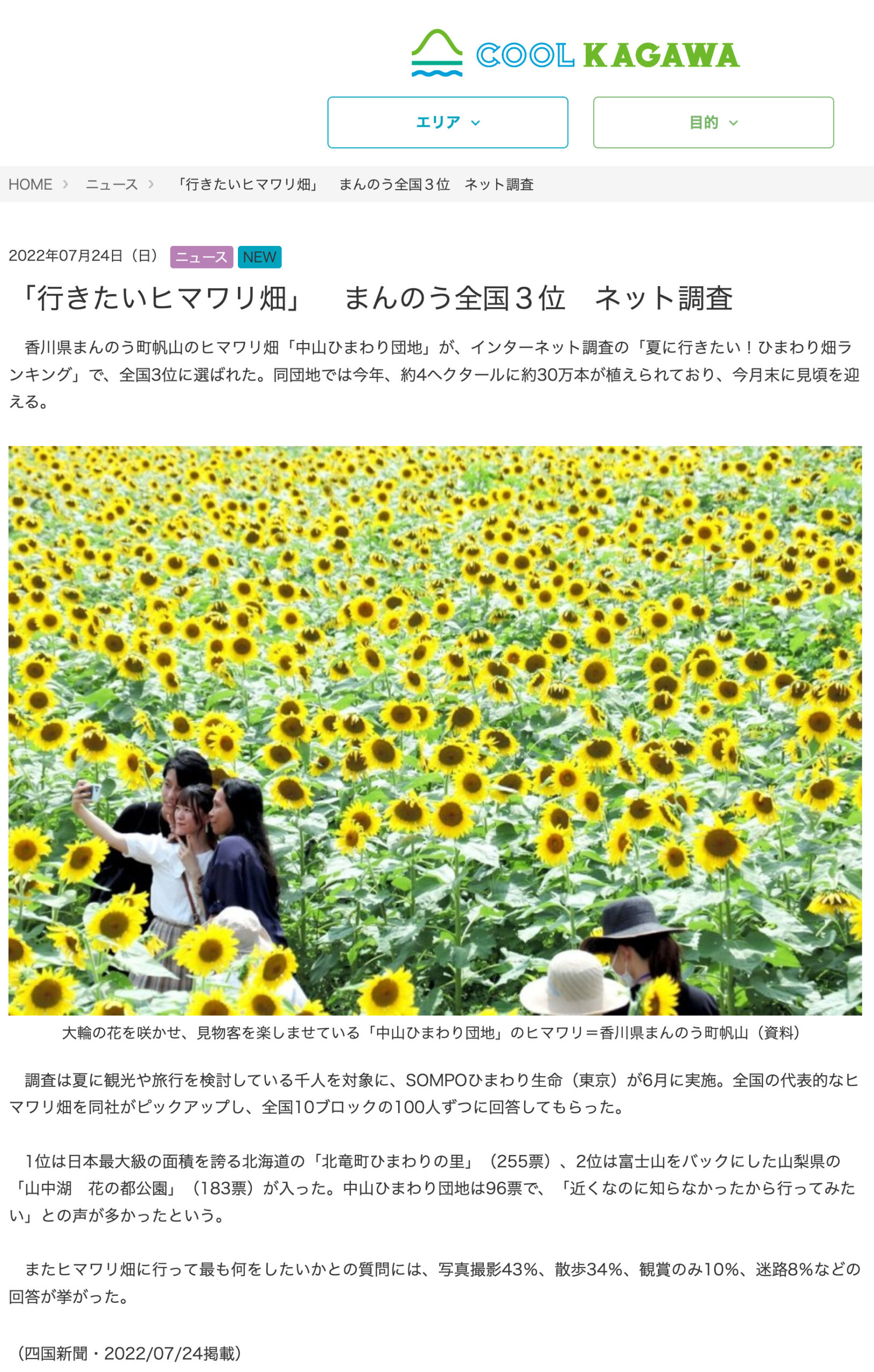 行きたいヒマワリ畑 まんのう全国3位 ネット調査 Cool Kagawa 北竜町ポータル 行きたいヒマワリ畑 まんのう全国3位 ネット調査 Cool Kagawa 北竜町ポータル