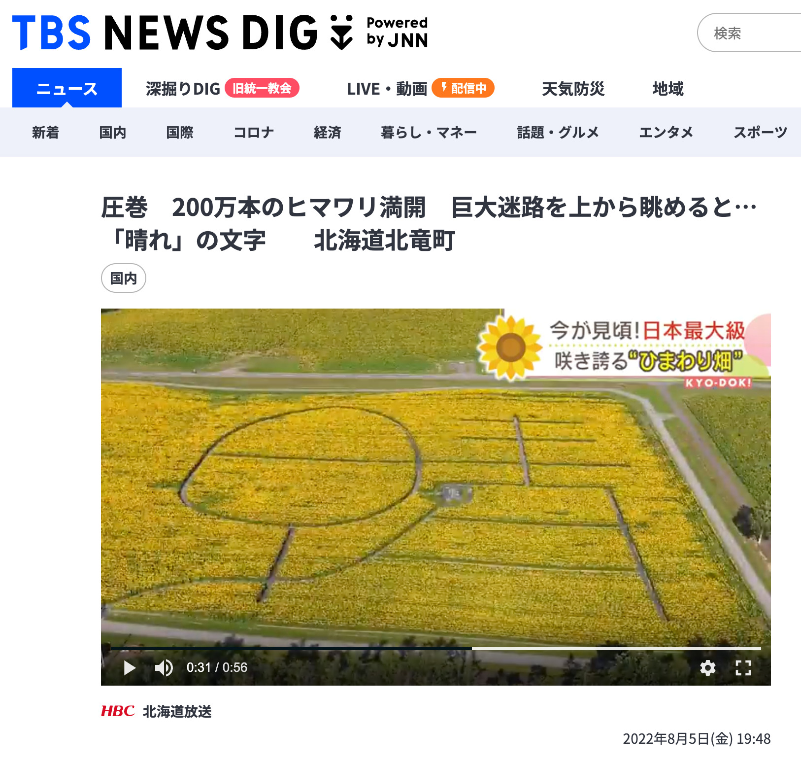 圧巻　200万本のヒマワリ満開　巨大迷路を上から眺めると…『晴れ』の文字　北海道北竜町【TBS NEWS DIG】