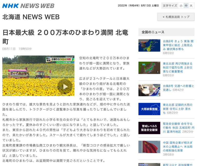 【動画あり・一定期間公開】日本最大級 ２００万本のひまわり満開 北竜町【北海道 NEWS WEB】
