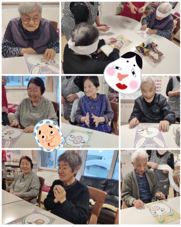午後から、足をつかい新聞紙集めとお手玉入れをし一等賞を決め遊びました！ 一休みをしてから、動物の福笑いをしました！【グループホーム碧水】