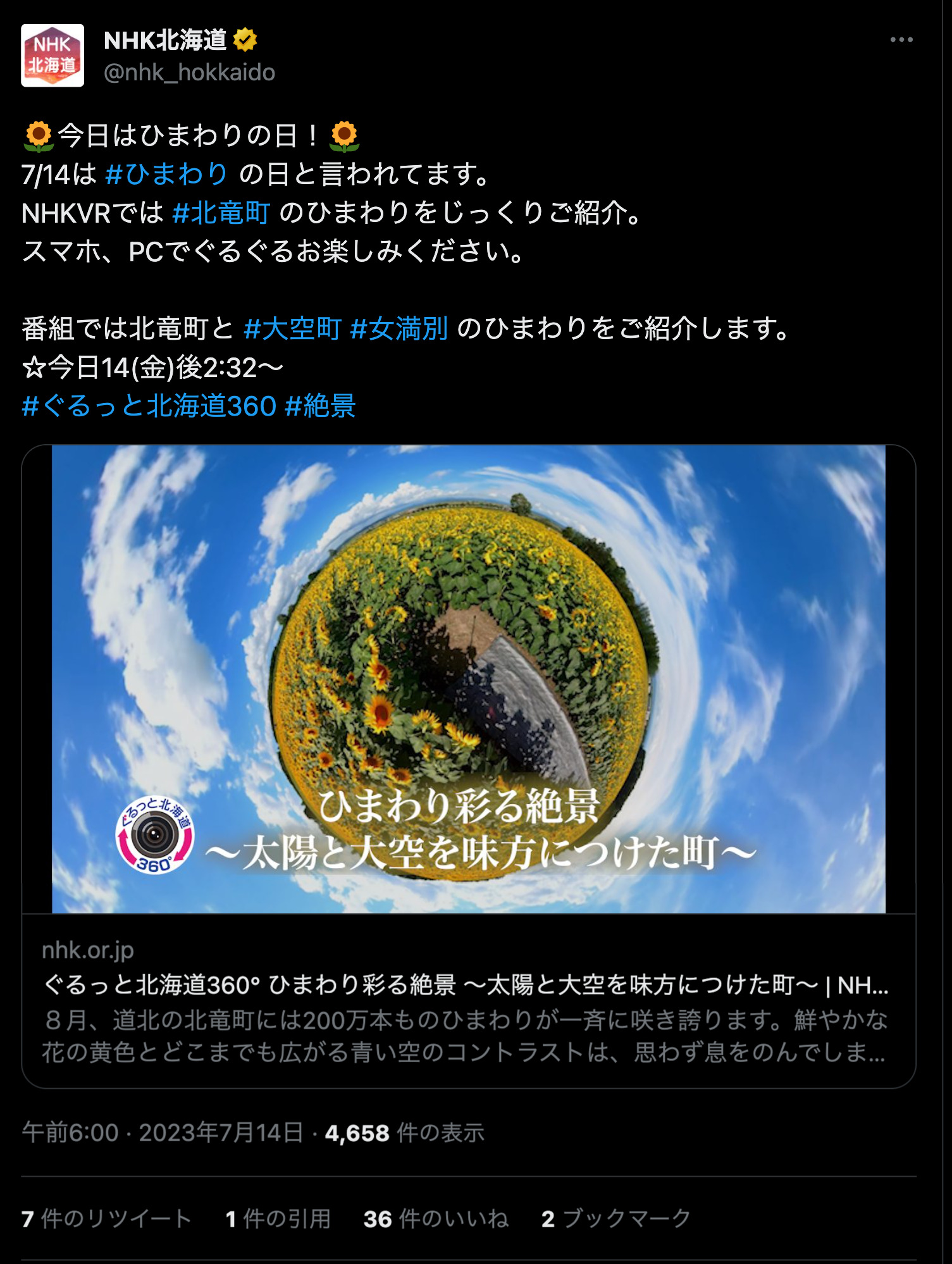 NHKVRでは #北竜町 のひまわりをじっくりご紹介。スマホ、PCでぐるぐるお楽しみください。