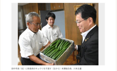 Kitasorachi Tarım Kooperatifi tarafından okul öğle yemekleri için bağışlanan 334 kilo salatalık [Hokkaido Shimbun]