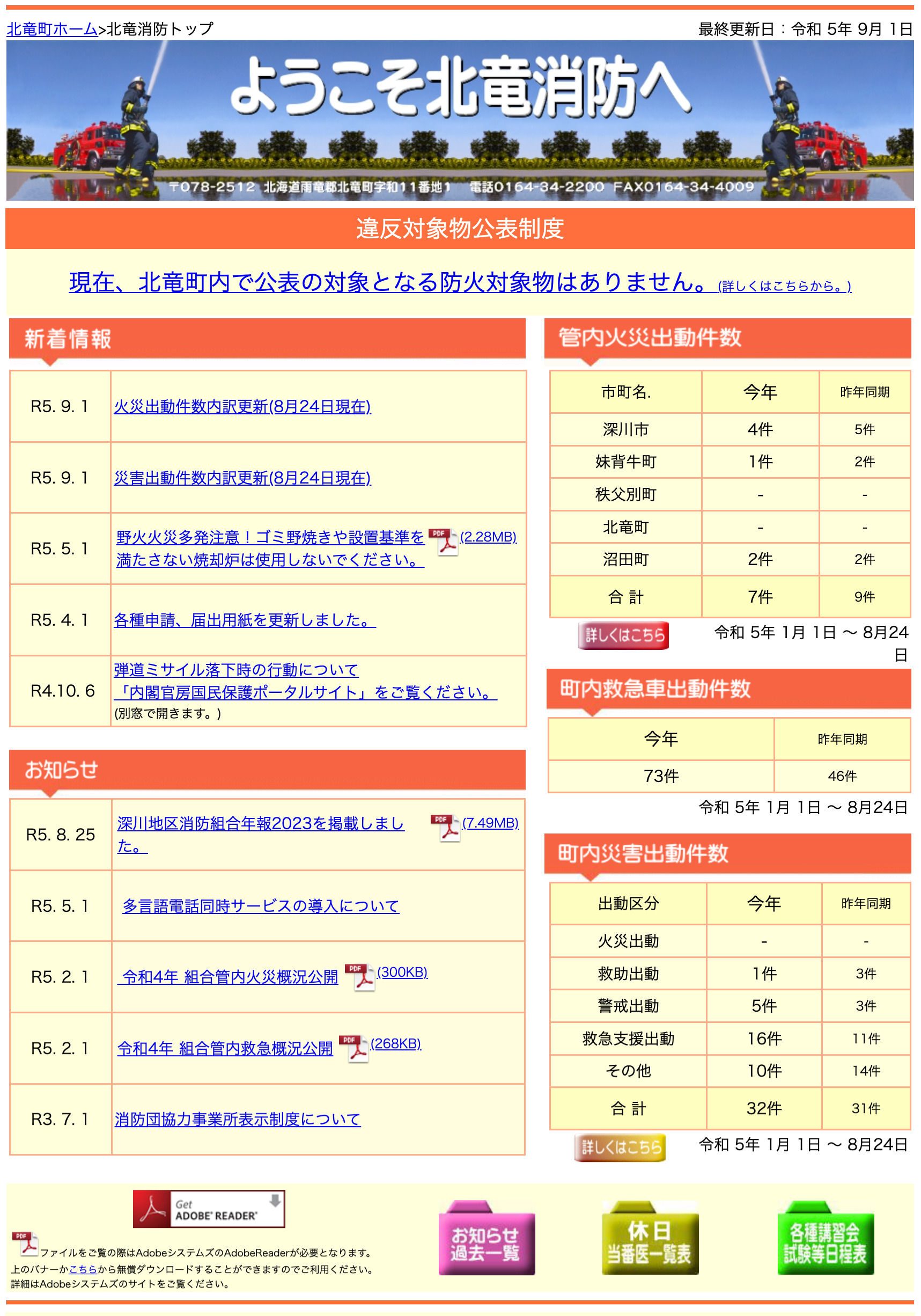 2023年8月分：火災・災害出動件数内訳更新【北竜消防】