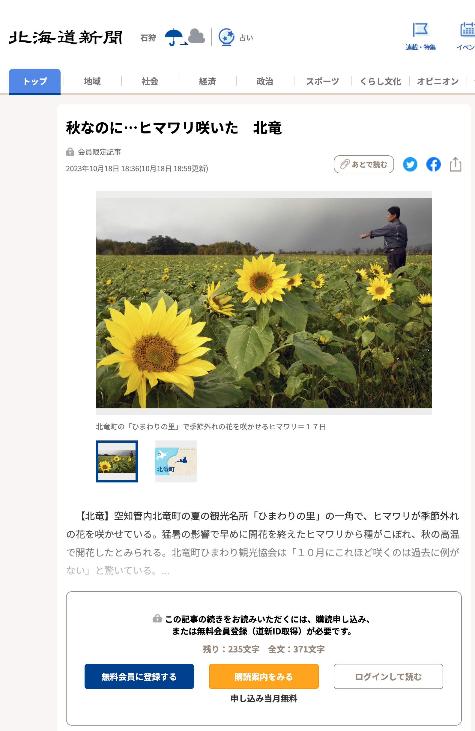 Dù đang là mùa thu... hoa hướng dương vẫn nở ở Hokuryu [Hokkaido Shimbun]