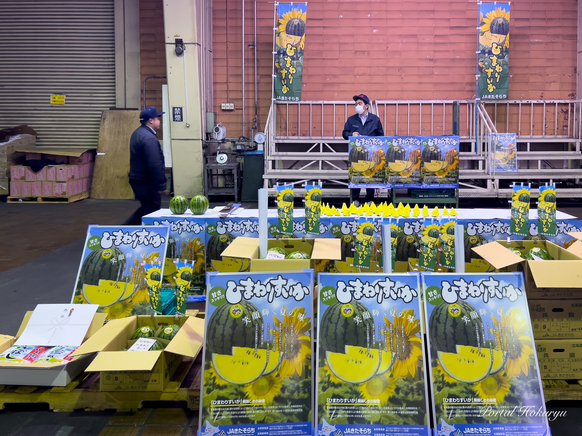 北竜町特産「ひまわりすいか」初競り 2024（キョクイチ青果セリ場・旭川市）「うまい！」の声が行き交う