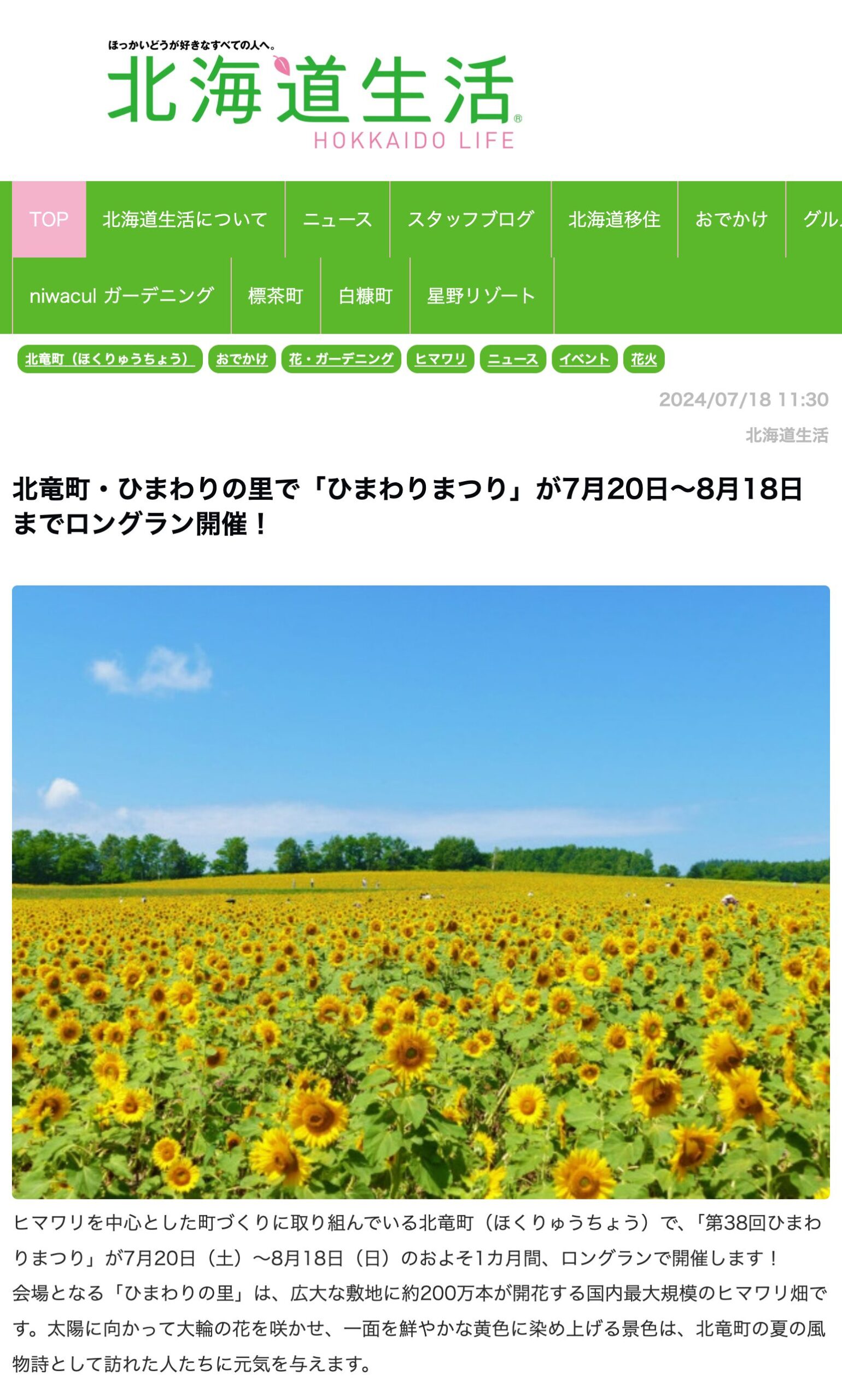 北竜町・ひまわりの里で「ひまわりまつり」が7月20日~8月18日までロングラン開催!【北海道生活】