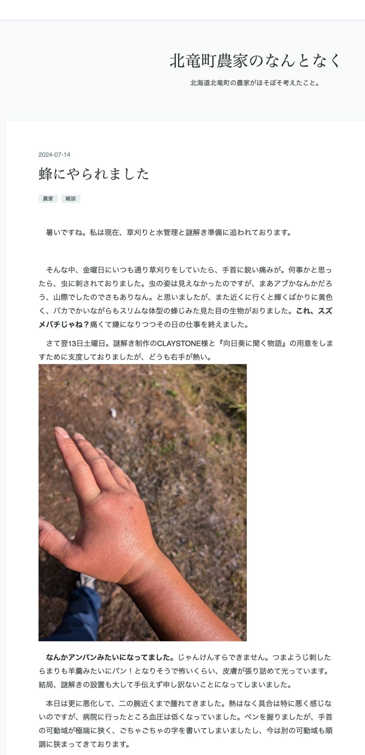 蜂にやられました【北竜町農家のなんとなく（竹林司さん）】