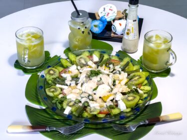 北竜町産ひまわりの油と浜頓別町産ほたて干貝柱のクリーミードレッシングで旬の夏野菜サラダを味わう