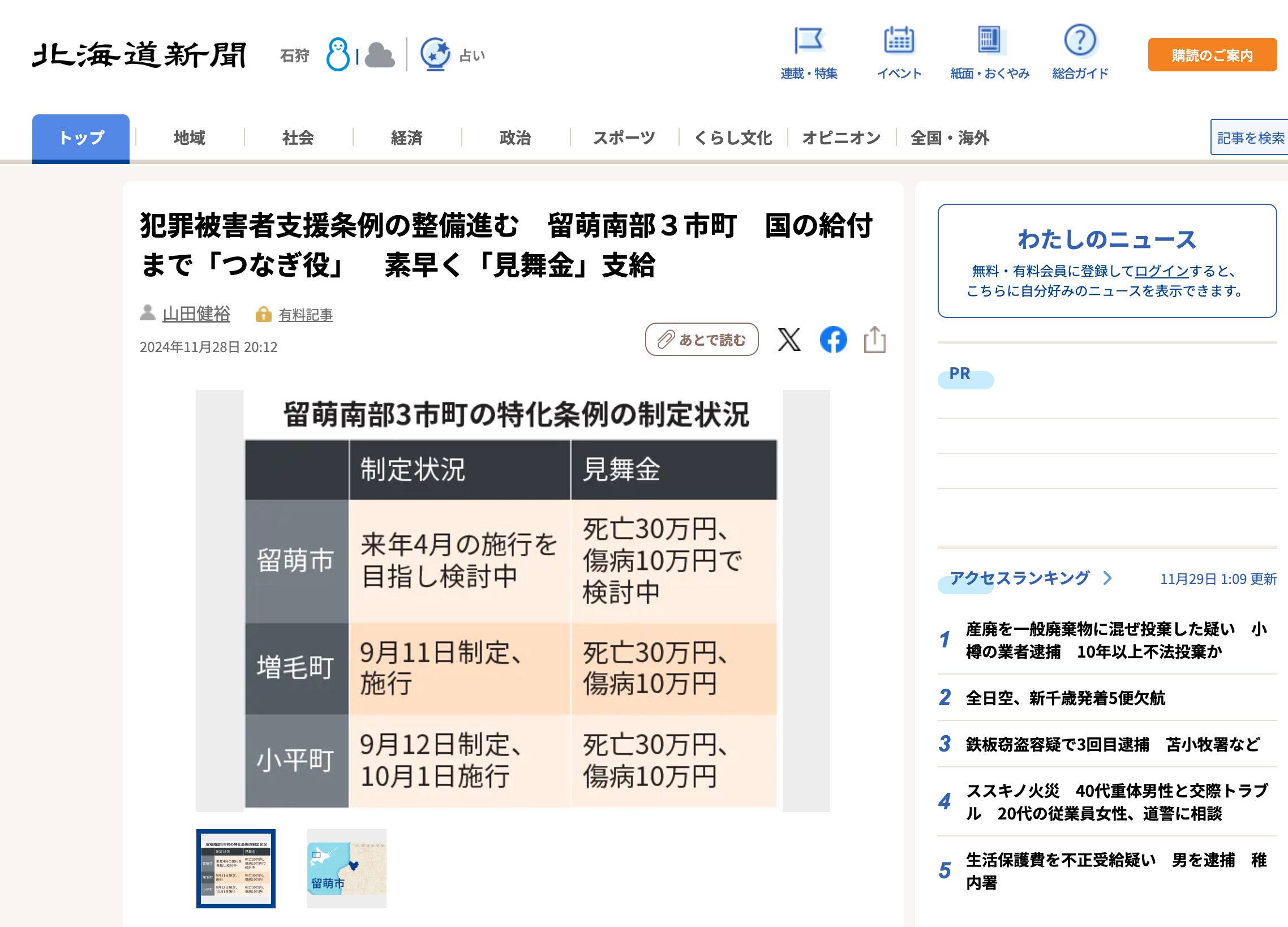 犯罪被害者支援条例の整備進む 留萌南部3市町 国の給付まで「つなぎ役」 素早く「見舞金」支給【北海道新聞デジタル】
