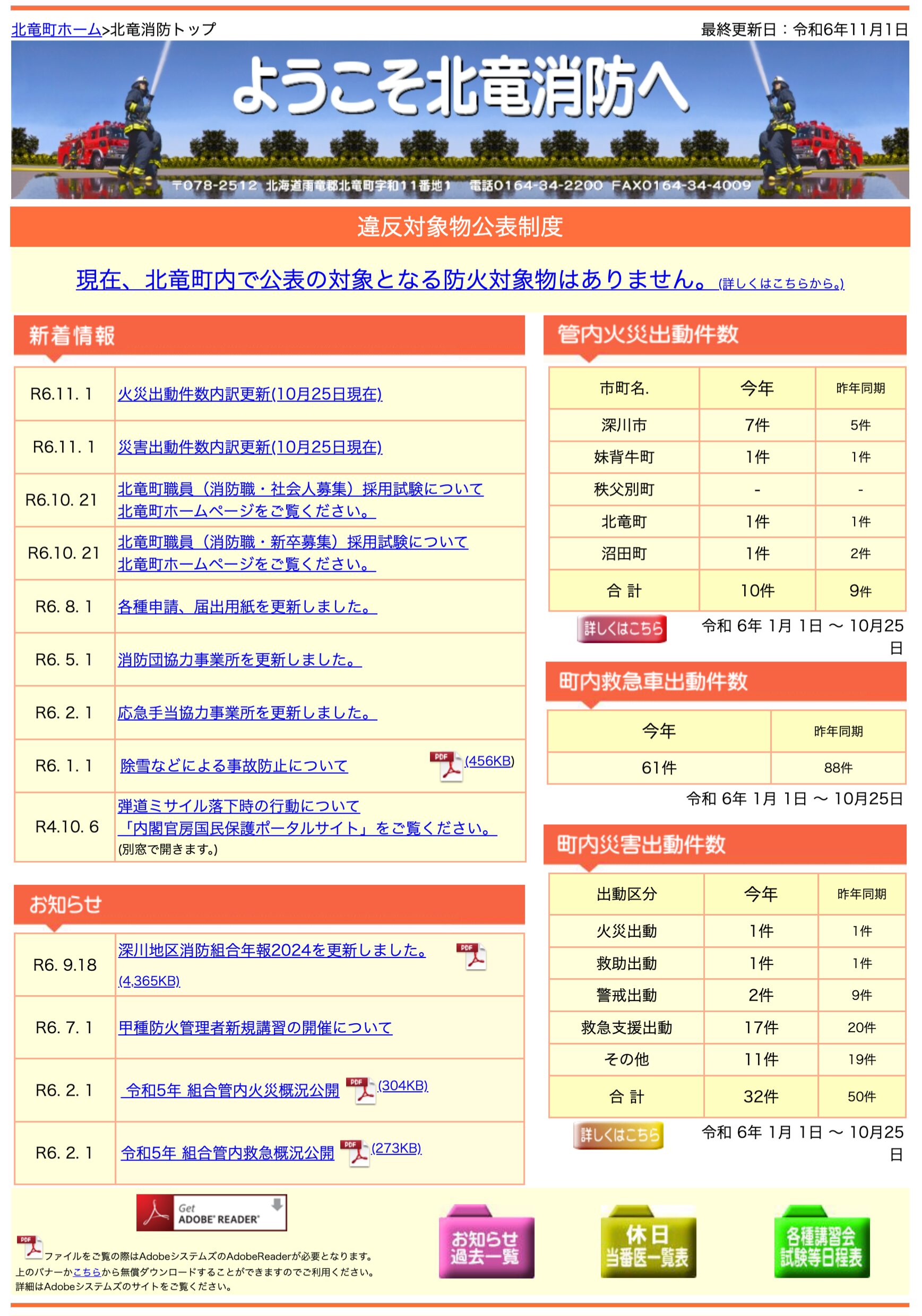 2024年10月分：火災・災害出動件数内訳更新【北竜消防】