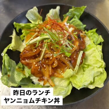 🌻 4月15日（火）本日の日替わりランチ：ヤンニョムチキン丼でした！ ピリ辛でした！【お食事処向日葵】