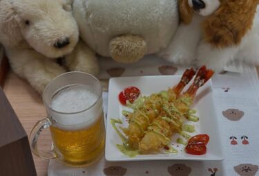 ☀️🌞 6月23日（月）はみちゃんのおつまみ：えび 🍤 天ぷらとバジル🌿マヨソースとビール 🍺 お酒の一品【Kitchen晴晴】