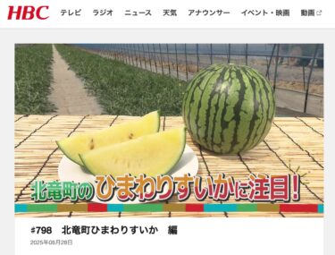 ผลิตภัณฑ์พิเศษของเมืองโฮคุริว "แตงโมดอกทานตะวัน" ได้รับการแนะนำในรายการ "Agri Kingdom Hokkaido NEXT" (HBC Hokkaido Broadcasting)! [HBC Hokkaido Broadcasting]