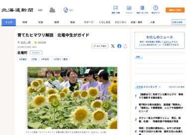 Seorang pemandu dari SMP Hokuryu menjelaskan tentang bunga matahari yang mereka budidayakan. [Hokkaido Shimbun Digital]