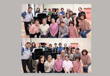 4月9日(木) 令和8年度の初練習は19人で。年度初めの最初の練習曲は 「COSMOS」￼から。今日の🤳は、新年度の記念撮影 ✨ 何となく春色のスナップになりました【北竜町ひまわりコーラス】